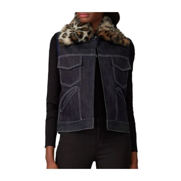 Harvey Faircloth Faux Fur Leopard Collar Denim Vest Green Lining Size Medium - Picture 1 of 13